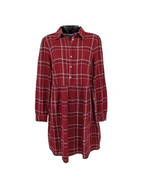 LOFT Plaid Shirt Dress Babydoll Button Front Tunic Academia Preppy Casual Size M
